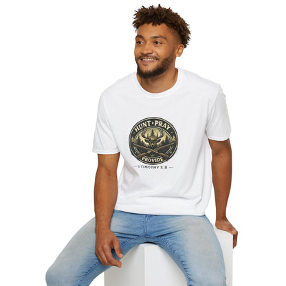 Hunt Pray Provide T‑Shirt — 1 Timothy 5:8 Hunting Faith Tee