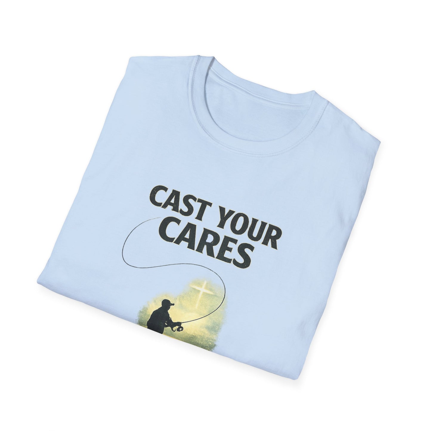 Cast Your Cares T-Shirt – Fishing Christian Graphic (1 Peter 5:7)