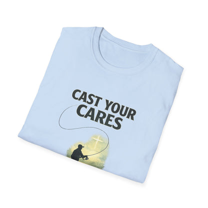 Cast Your Cares T-Shirt – Fishing Christian Graphic (1 Peter 5:7)