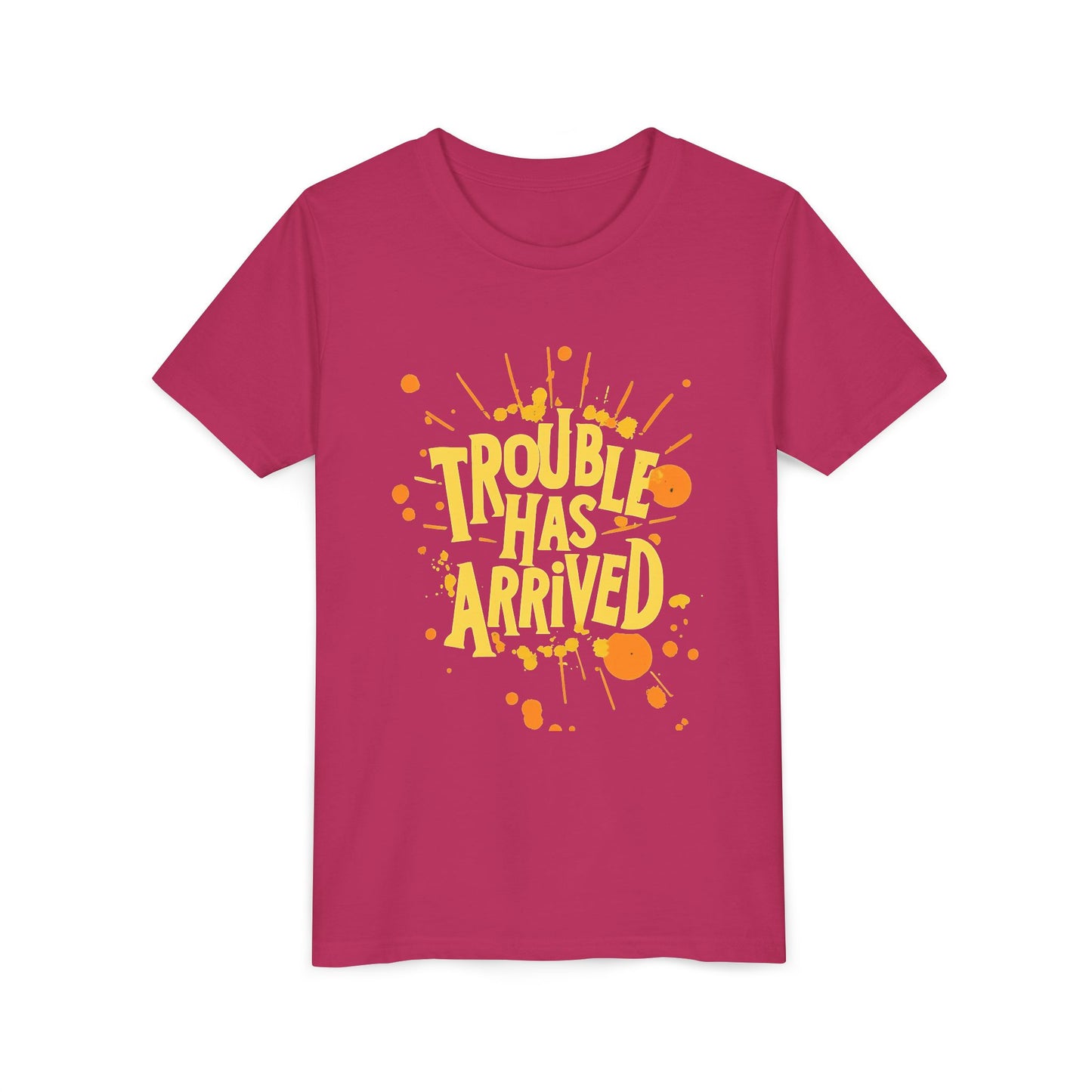 Trouble Has Arrived Youth Tee | Fun Graphic T-Shirt for Kids | Birthday Gift | Playdate Apparel | Summer Fashion