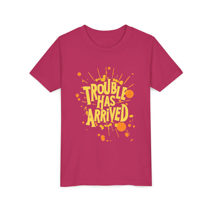 Trouble Has Arrived Youth Tee | Fun Graphic T-Shirt for Kids | Birthday Gift | Playdate Apparel | Summer Fashion