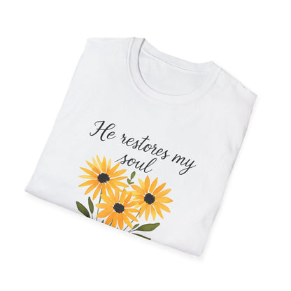 Floral Inspirational T-Shirt - He Restores My Soul, Thoughtful Gift for Comfort, Faith Apparel, Religious Wear, Everyday Inspiration