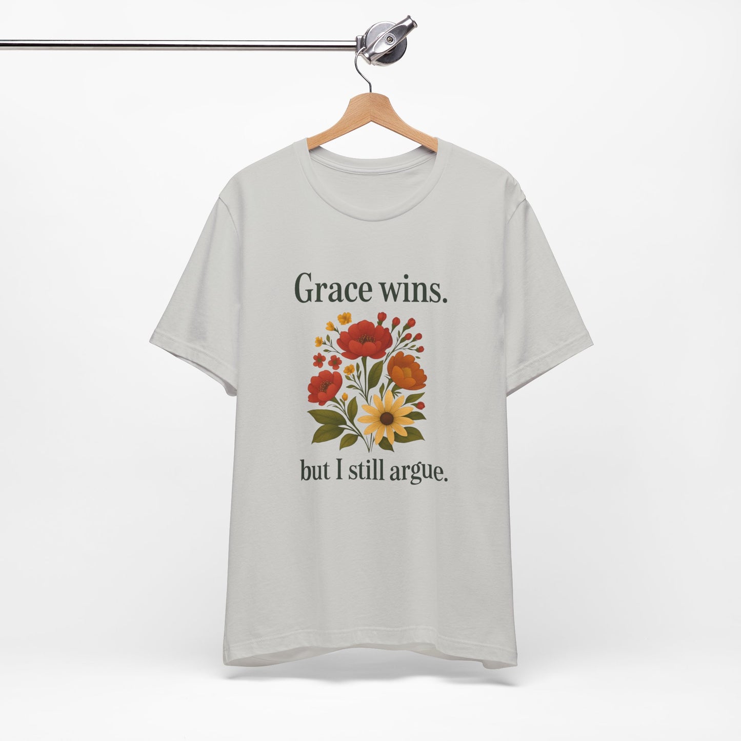 Floral Quote Tee, Grace Wins Short Sleeve T-Shirt, Unisex Graphic Tee, Gift for Friends, Casual Wear, Everyday Comfort