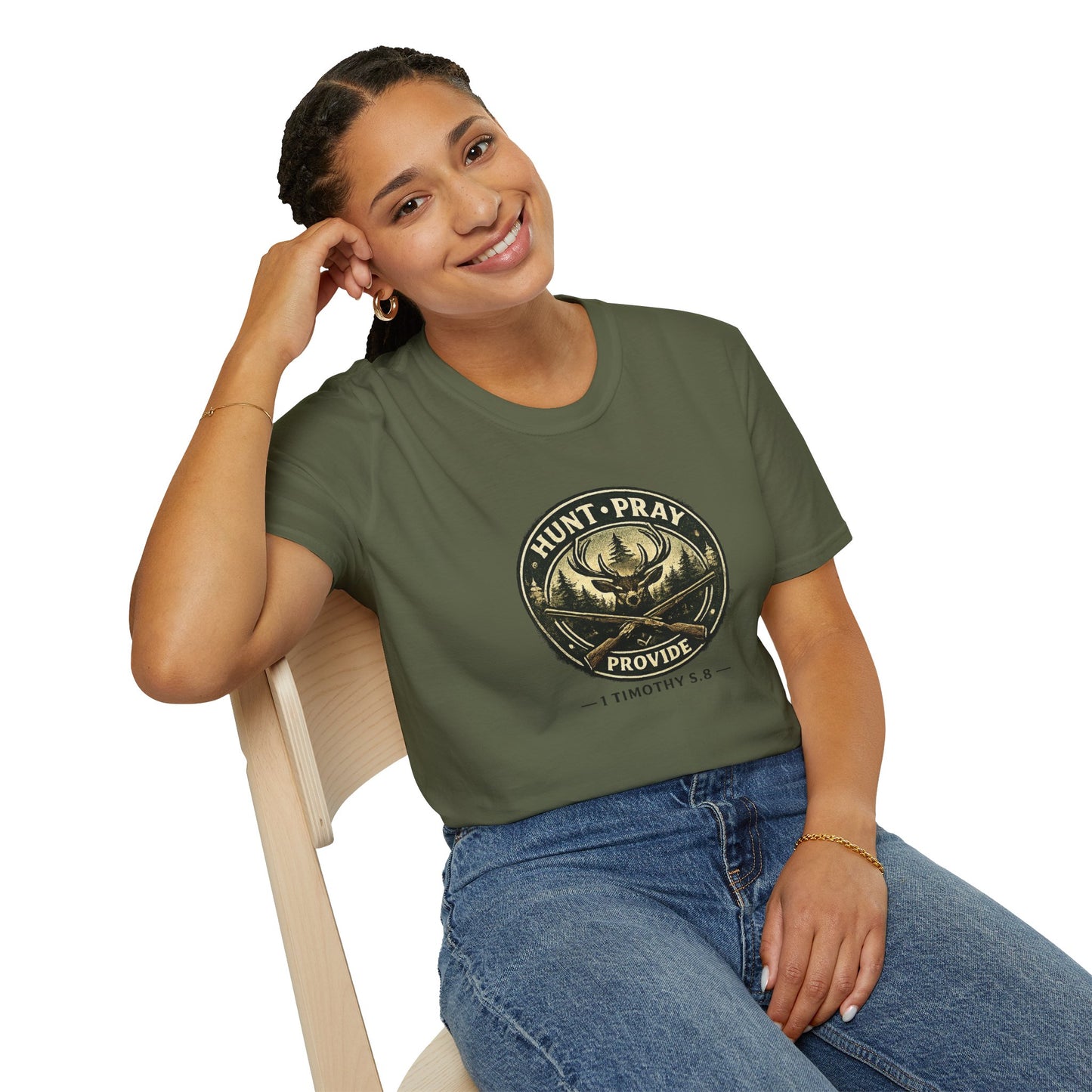 Hunt Pray Provide T‑Shirt — 1 Timothy 5:8 Hunting Faith Tee