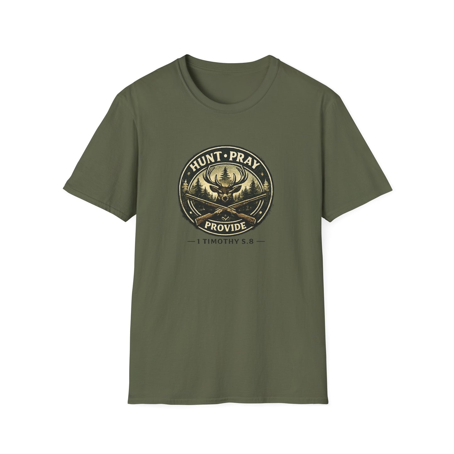 Hunt Pray Provide T‑Shirt — 1 Timothy 5:8 Hunting Faith Tee