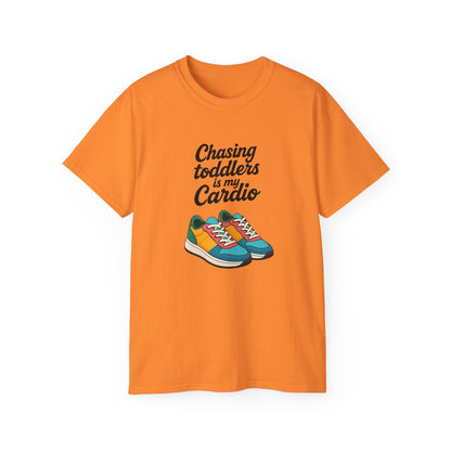Chasing Toddlers Is My Cardio Unisex Ultra Cotton Tee, Funny Parent Shirt, Gift for Moms and Dads, Casual Wear, Toddler Parenting Humor