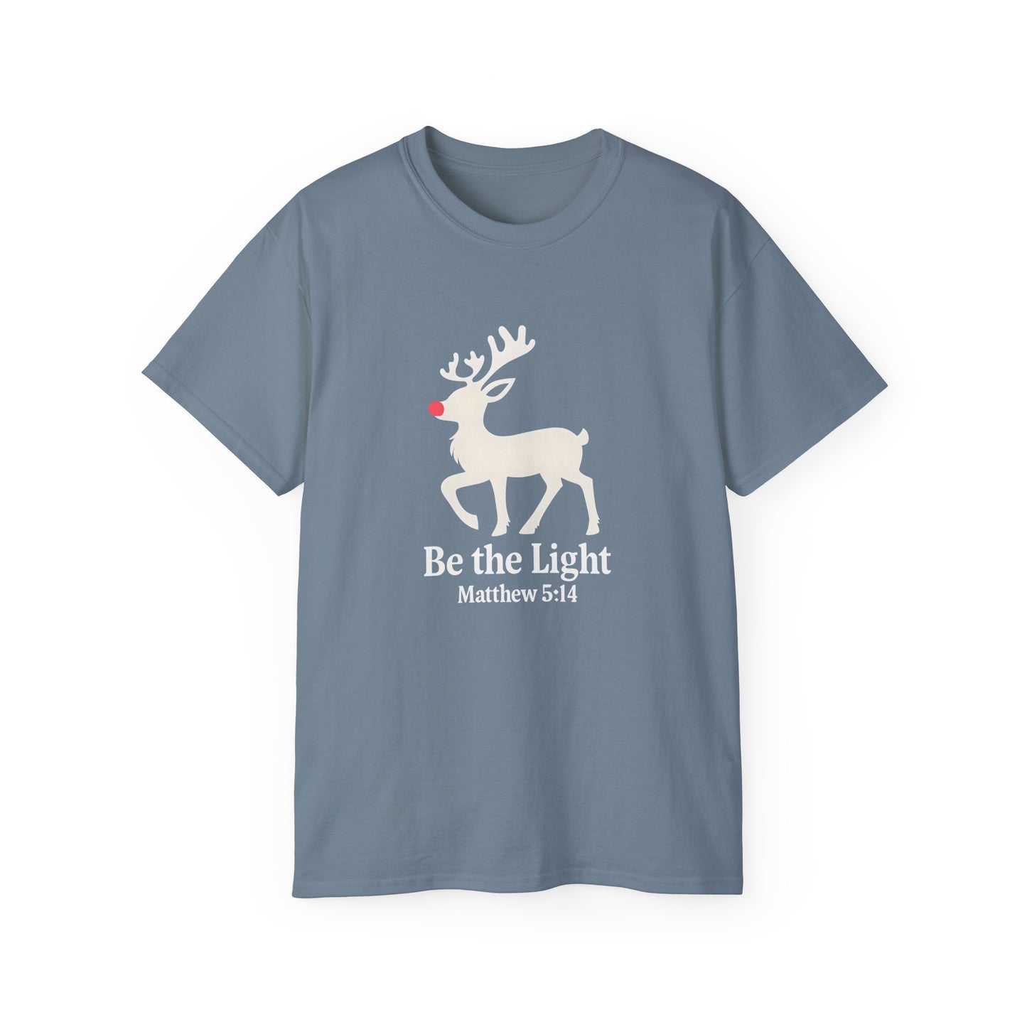 Be the Light Christmas Tee — Reindeer with Matthew 5:14 Holiday T-Shirt