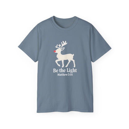 Be the Light Christmas Tee — Reindeer with Matthew 5:14 Holiday T-Shirt
