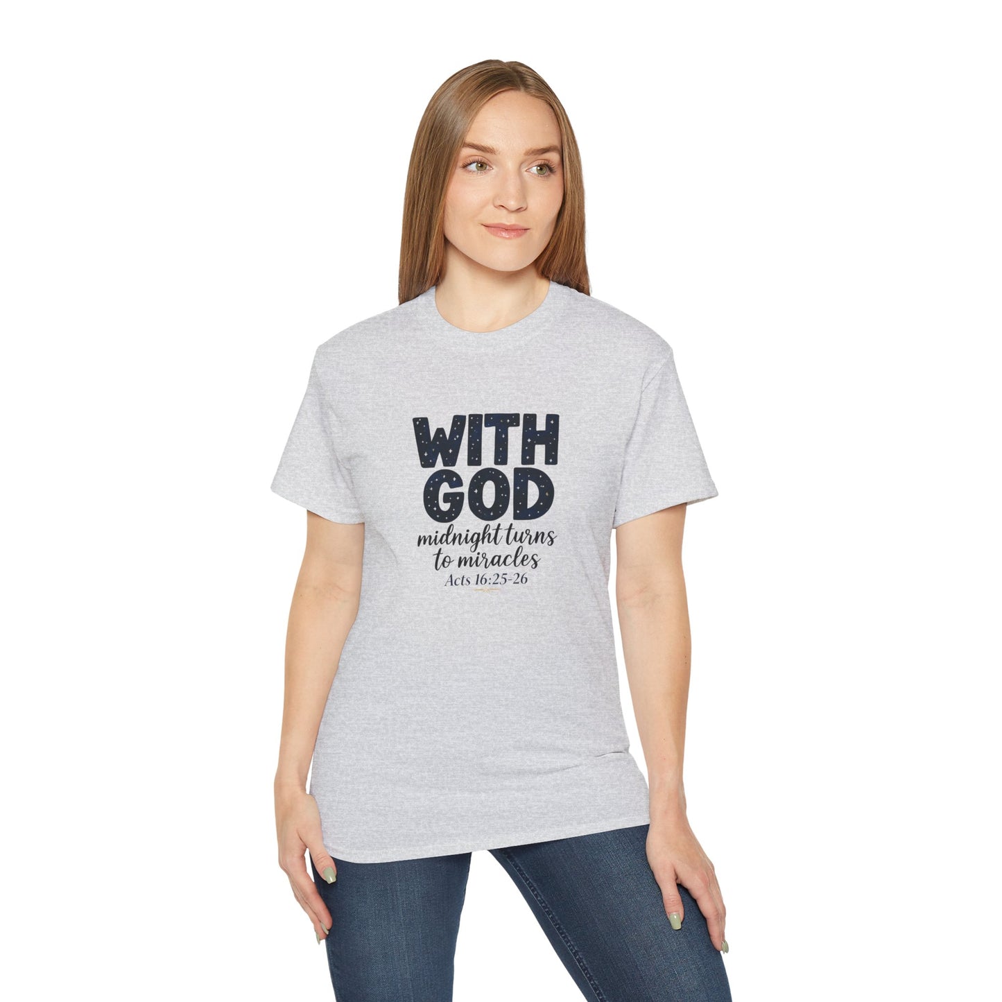 Inspirational Faith Tee - With God, Midnight Turns to Miracles, Christian T-Shirt, Gift for Church Events, Positive Vibes, Spiritual Apparel