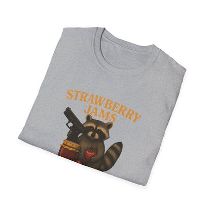 Strawberry Jams But My Glock Don’t T-Shirt — Raccoon Graphic Gun Humor Tee