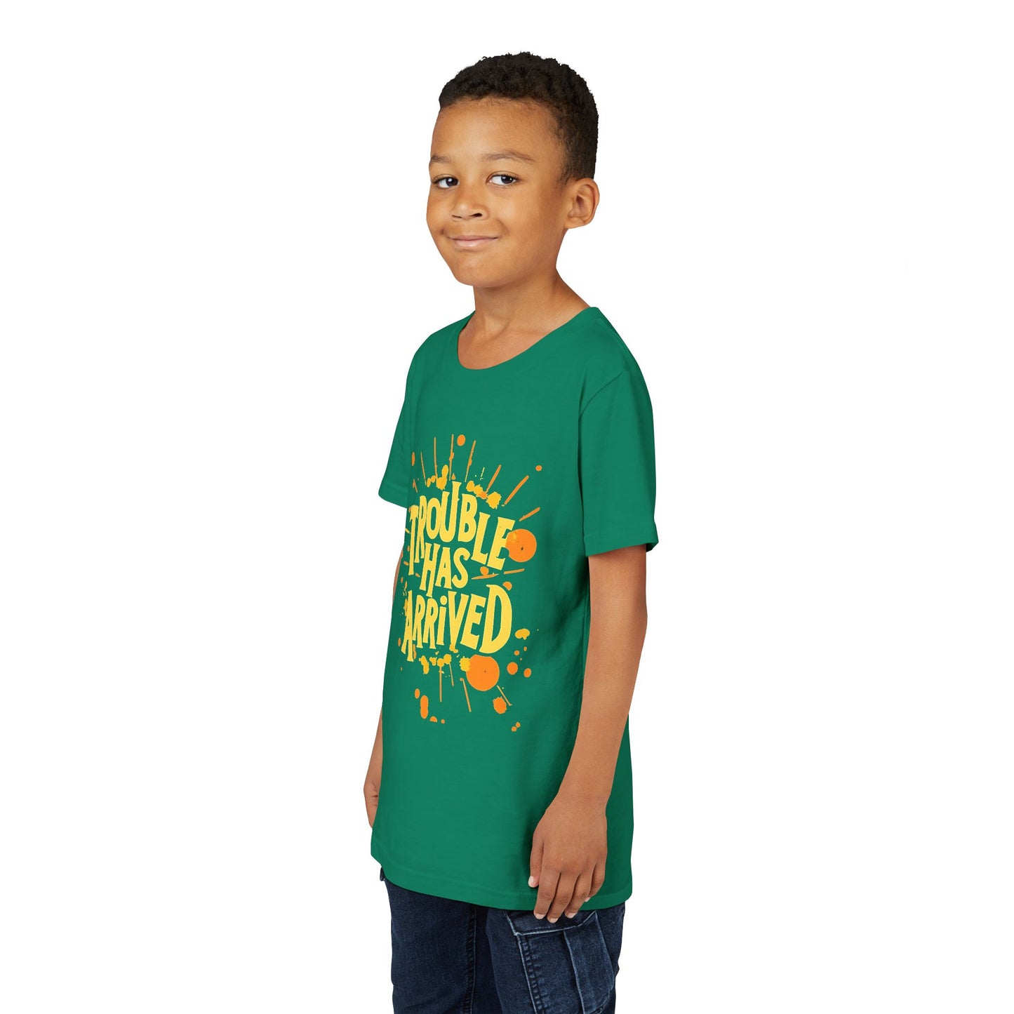 Youth Tee: "Trouble Has Arrived" - Fun, Playful Shirt for Kids, Perfect for Birthdays, Parties, Summer, Everyday Wear, Gift Ideas