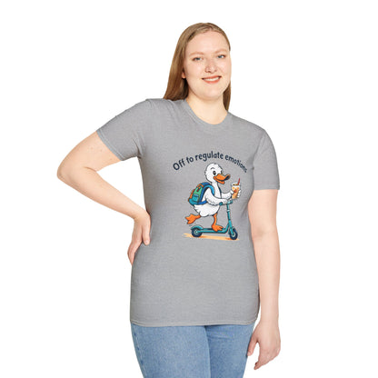 Duck on Scooter T-Shirt — "Off to regulate emotions" Cute Mental Health Tee