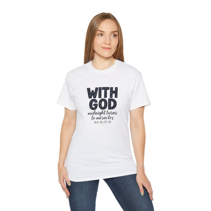 Inspirational Faith Tee - With God, Midnight Turns to Miracles, Christian T-Shirt, Gift for Church Events, Positive Vibes, Spiritual Apparel