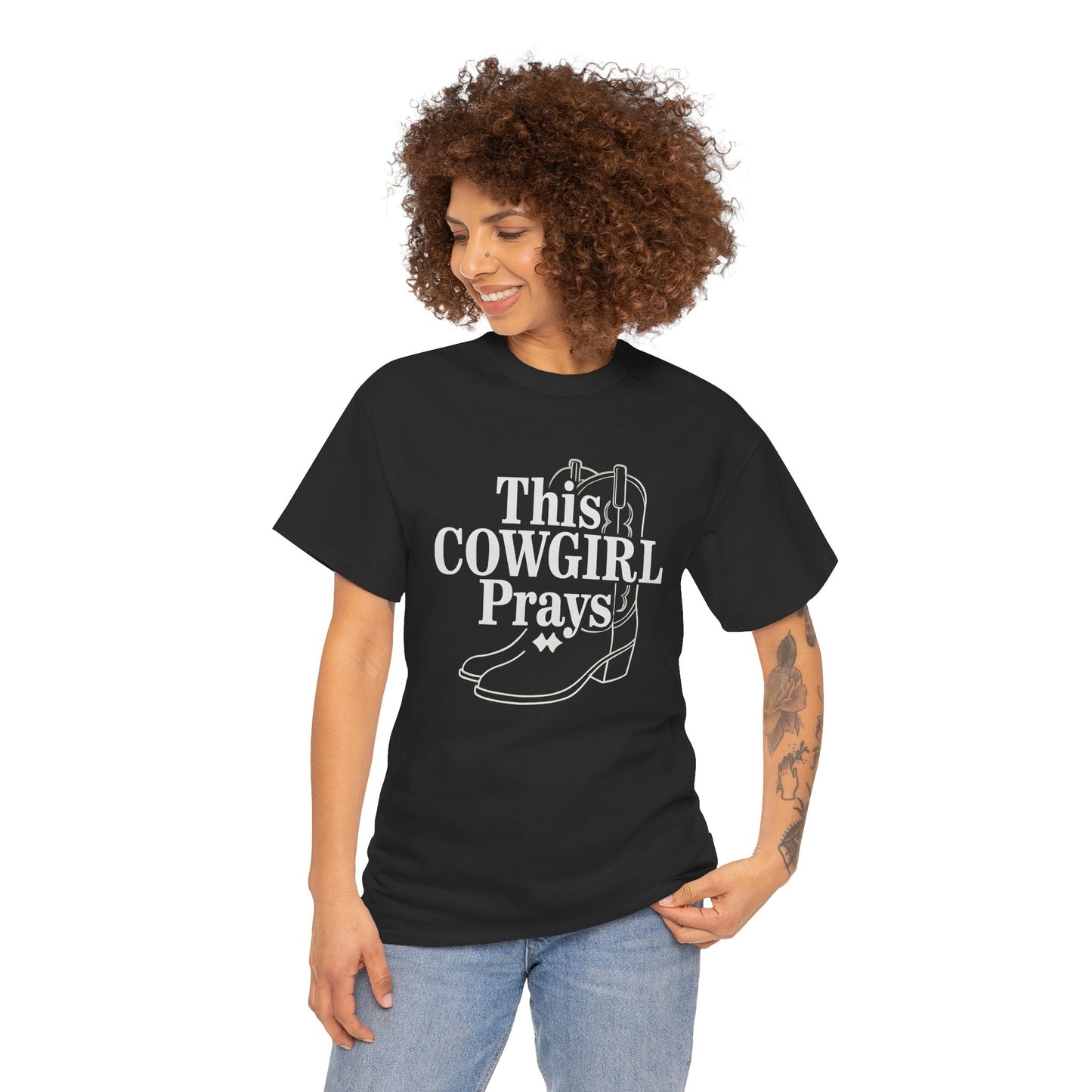 This Cowgirl Prays Unisex Heavy Cotton Tee, Western T-Shirt, Gift for Cowgirls, Rodeo Apparel, Faith-Based Fashion, Country Style Top