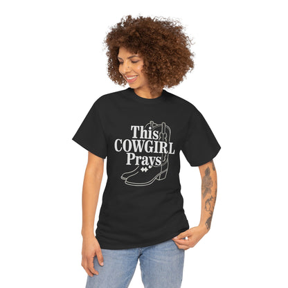 This Cowgirl Prays Unisex Heavy Cotton Tee, Western T-Shirt, Gift for Cowgirls, Rodeo Apparel, Faith-Based Fashion, Country Style Top