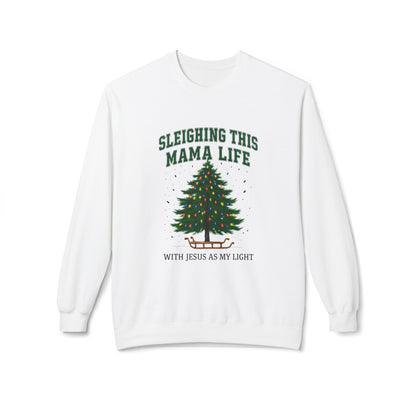 Sleighing This Mama Life Sweatshirt — Christmas Tree & “With Jesus Is My Light” Holiday Crewneck