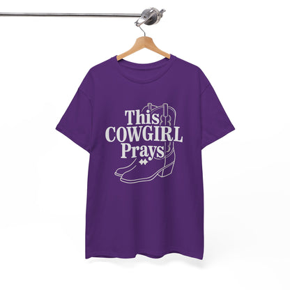 This Cowgirl Prays Unisex Heavy Cotton Tee, Western T-Shirt, Gift for Cowgirls, Rodeo Apparel, Faith-Based Fashion, Country Style Top