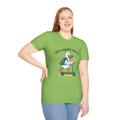 Duck on Scooter T-Shirt — "Off to regulate emotions" Cute Mental Health Tee