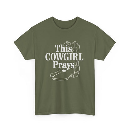 This Cowgirl Prays Unisex Heavy Cotton Tee, Western T-Shirt, Gift for Cowgirls, Rodeo Apparel, Faith-Based Fashion, Country Style Top