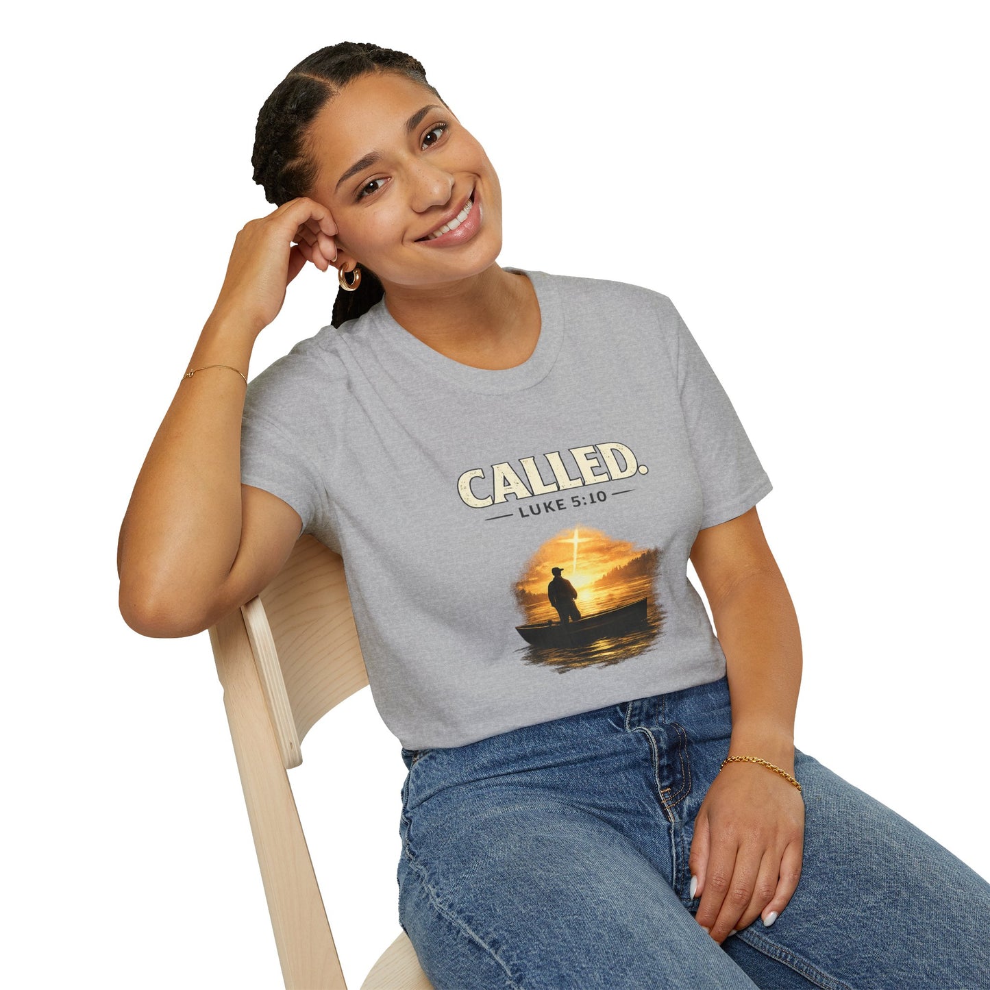 Called Luke 5:10 Fishing Christian T-Shirt — Sunset Silhouette Faith Tee