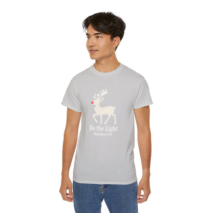 Be the Light Christmas Tee — Reindeer with Matthew 5:14 Holiday T-Shirt