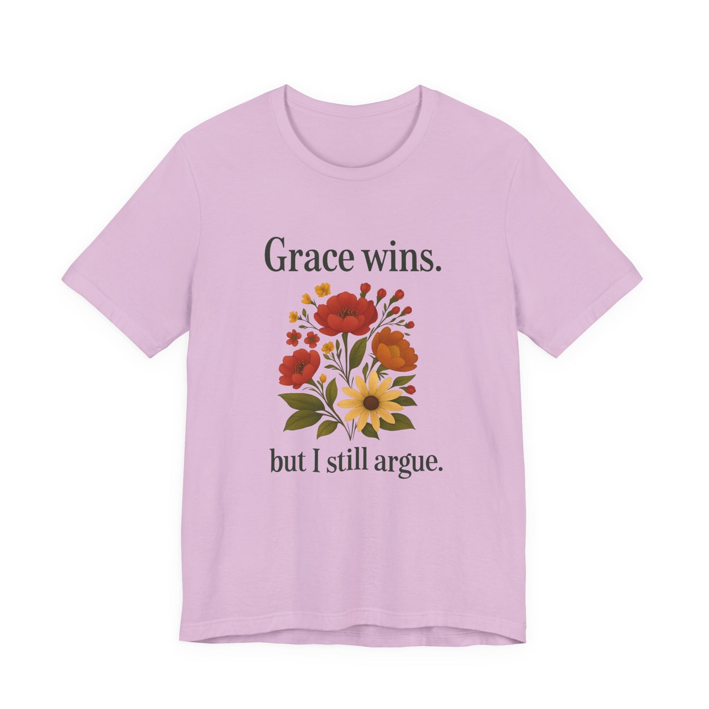 Floral Quote Tee, Grace Wins Short Sleeve T-Shirt, Unisex Graphic Tee, Gift for Friends, Casual Wear, Everyday Comfort