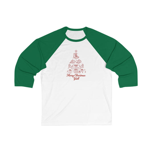 Christmas Tree Baseball Tee - Merry Christmas Y'all 3/4 Sleeve Raglan
