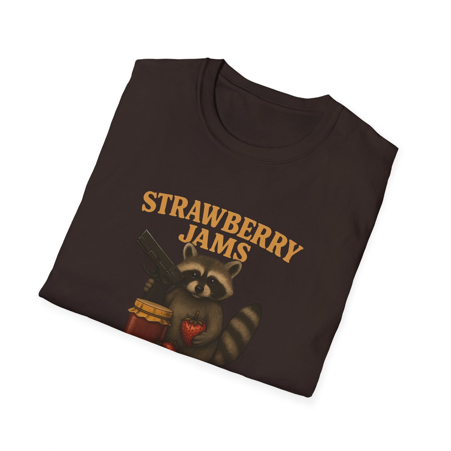 Strawberry Jams But My Glock Don’t T-Shirt — Raccoon Graphic Gun Humor Tee