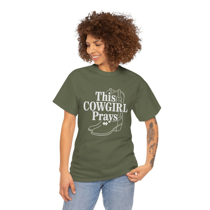 This Cowgirl Prays Unisex Heavy Cotton Tee, Western T-Shirt, Gift for Cowgirls, Rodeo Apparel, Faith-Based Fashion, Country Style Top