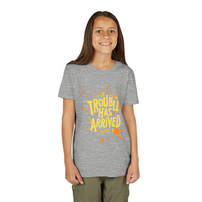 Youth Tee: "Trouble Has Arrived" - Fun, Playful Shirt for Kids, Perfect for Birthdays, Parties, Summer, Everyday Wear, Gift Ideas