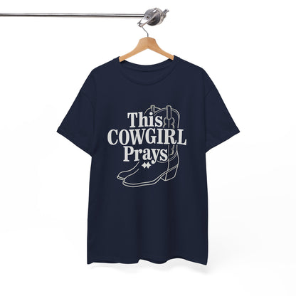 This Cowgirl Prays Unisex Heavy Cotton Tee, Western T-Shirt, Gift for Cowgirls, Rodeo Apparel, Faith-Based Fashion, Country Style Top