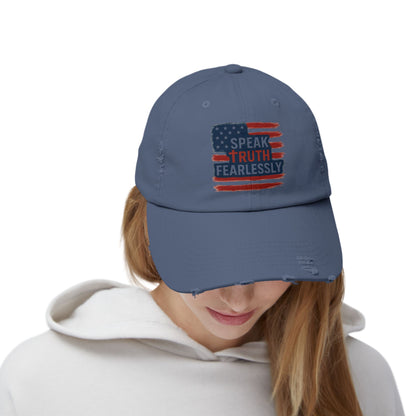 Unisex Distressed Cap with 'Speak Truth Fearlessly' Design, Casual Hat, American Flag Cap, Patriotic Gift, Everyday Wear
