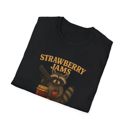 Strawberry Jams But My Glock Don’t T-Shirt — Raccoon Graphic Gun Humor Tee
