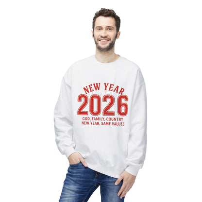 2026 New Year Crewneck Sweatshirt — "God, Family, Country" Holiday Pullover