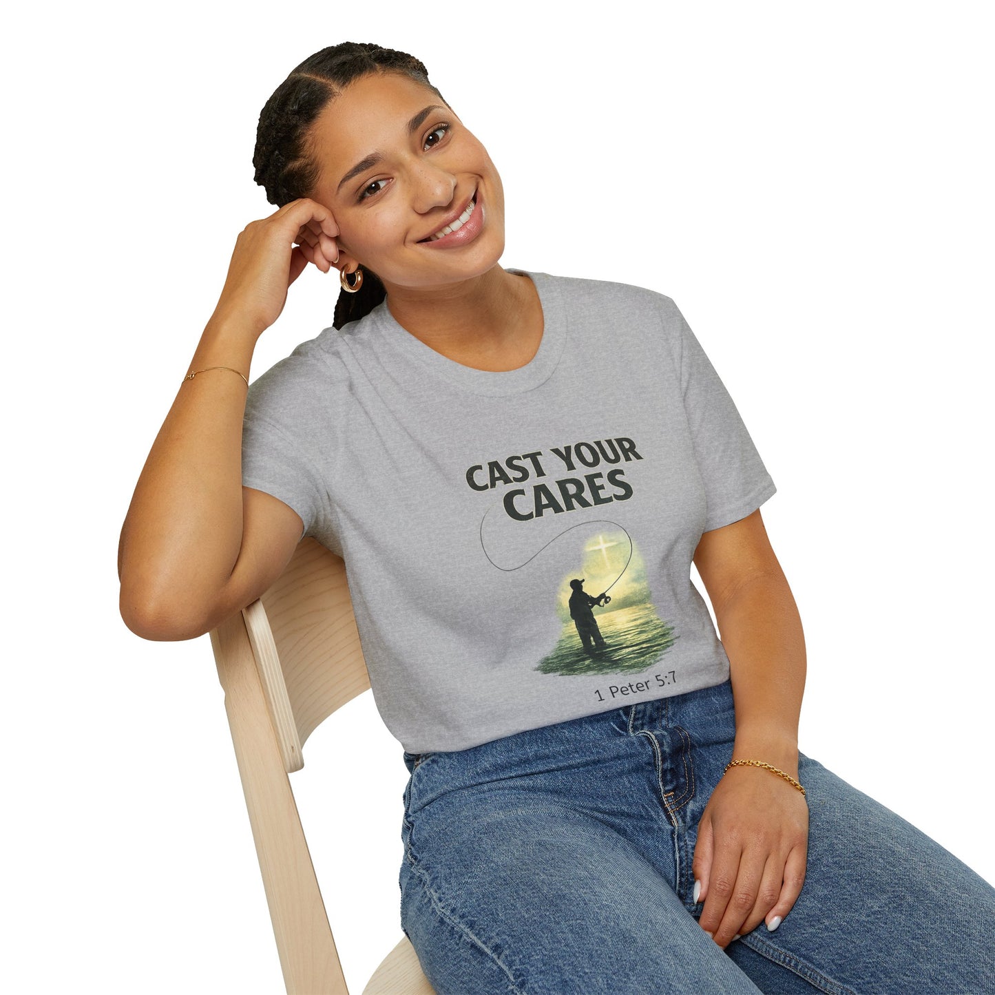 Cast Your Cares T-Shirt – Fishing Christian Graphic (1 Peter 5:7)