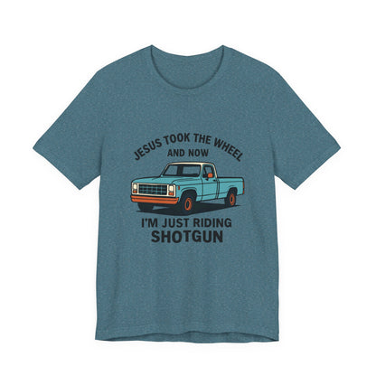Jesus Took the Wheel Tee, Funny Christian Shirt, Shotgun Humor T-Shirt, Gift for Car Lovers, Casual Faith-Based Apparel