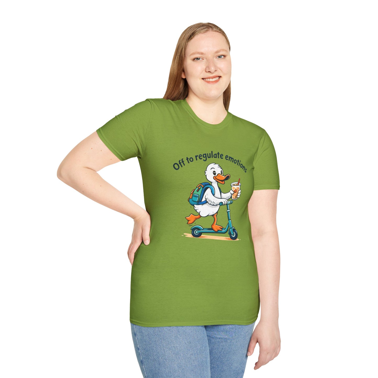 Duck on Scooter T-Shirt — "Off to regulate emotions" Cute Mental Health Tee