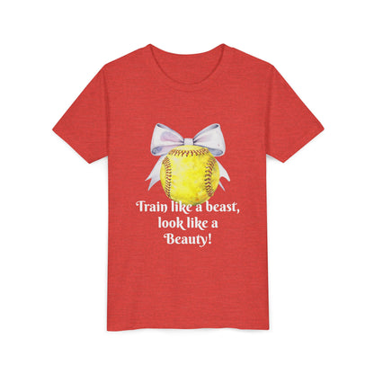 Softball Quote Youth Tee, Train like a beast look like a Beauty