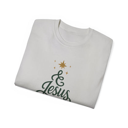 Christmas & Jesus T‑Shirt — Faith Holiday Tee with Star Tree Design