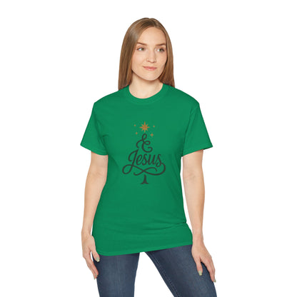 Christmas & Jesus T‑Shirt — Faith Holiday Tee with Star Tree Design