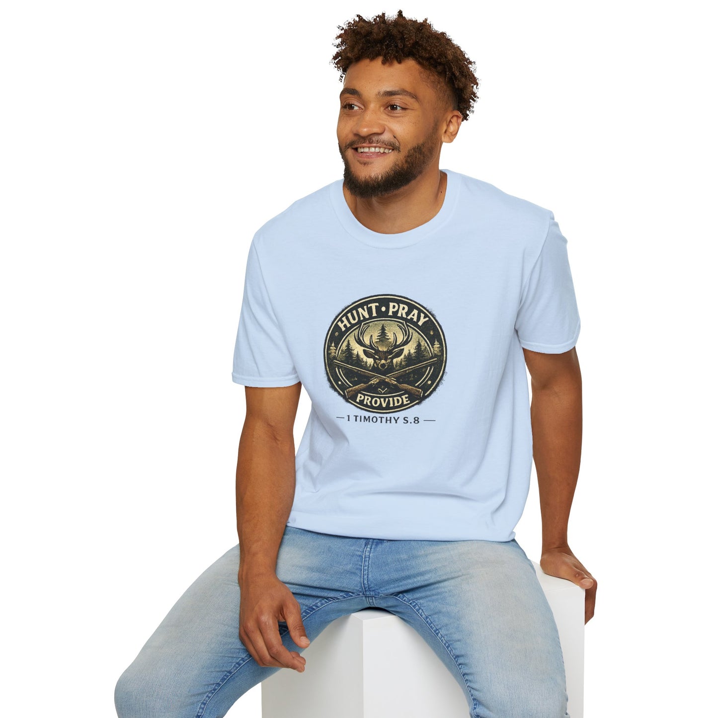Hunt Pray Provide T‑Shirt — 1 Timothy 5:8 Hunting Faith Tee