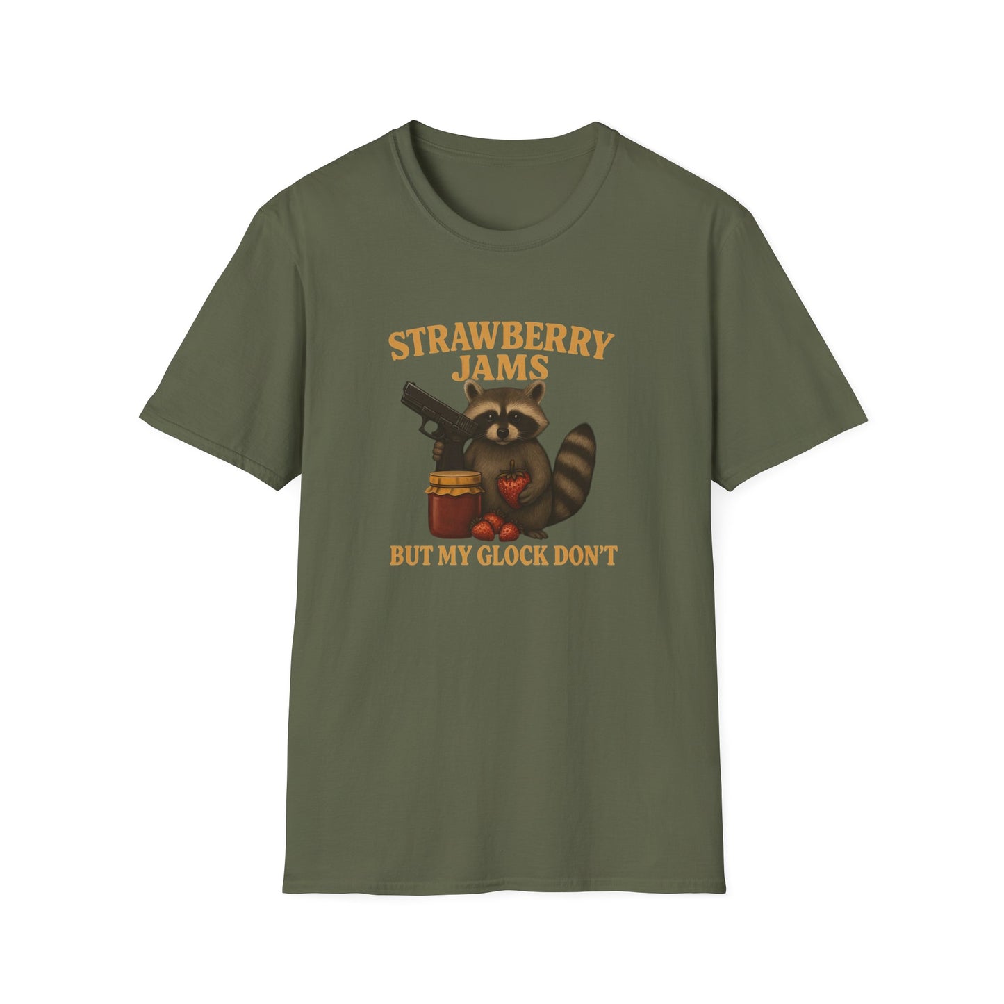 Strawberry Jams But My Glock Don’t T-Shirt — Raccoon Graphic Gun Humor Tee