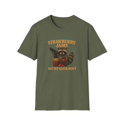 Strawberry Jams But My Glock Don’t T-Shirt — Raccoon Graphic Gun Humor Tee