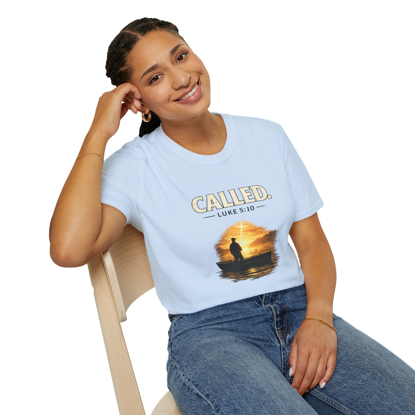 Called Luke 5:10 Fishing Christian T-Shirt — Sunset Silhouette Faith Tee