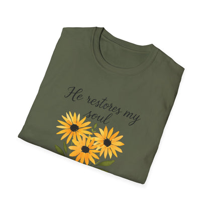 Floral Inspirational T-Shirt - He Restores My Soul, Thoughtful Gift for Comfort, Faith Apparel, Religious Wear, Everyday Inspiration