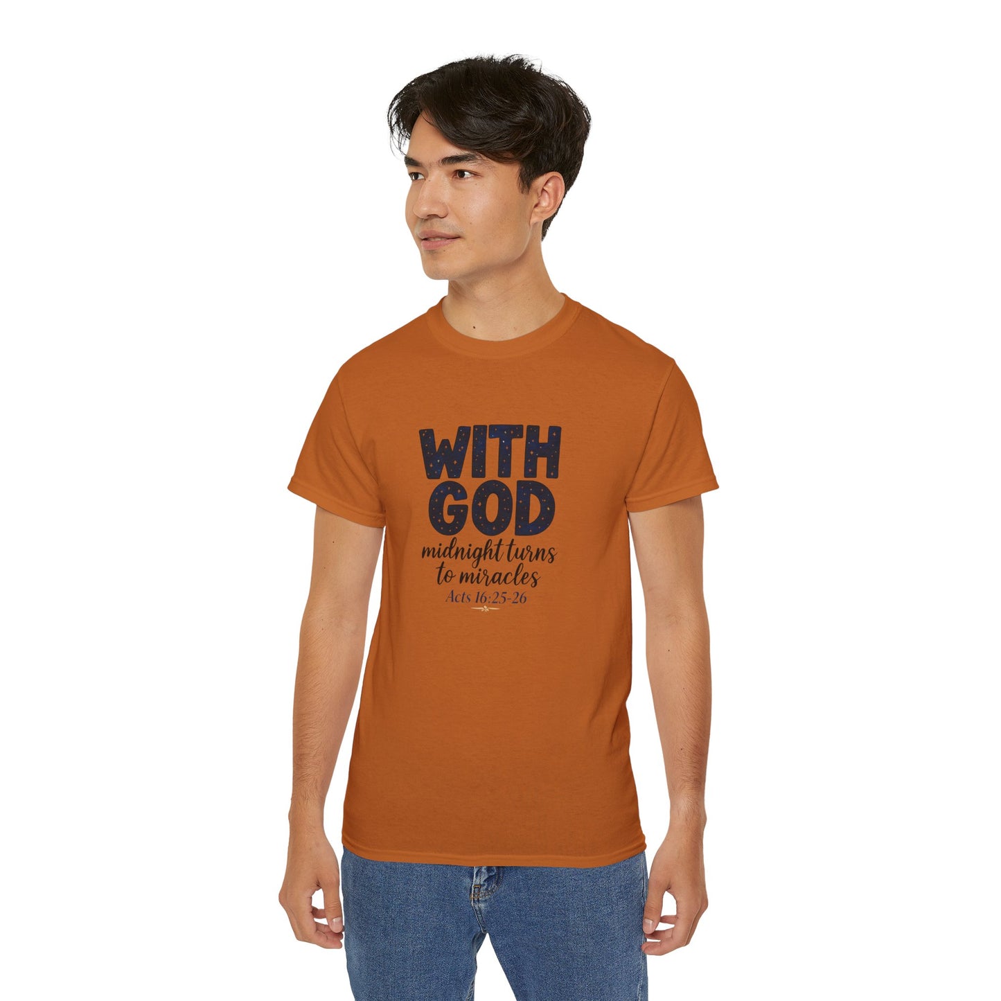 Inspirational Faith Tee - With God, Midnight Turns to Miracles, Christian T-Shirt, Gift for Church Events, Positive Vibes, Spiritual Apparel