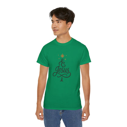 Christmas & Jesus T‑Shirt — Faith Holiday Tee with Star Tree Design