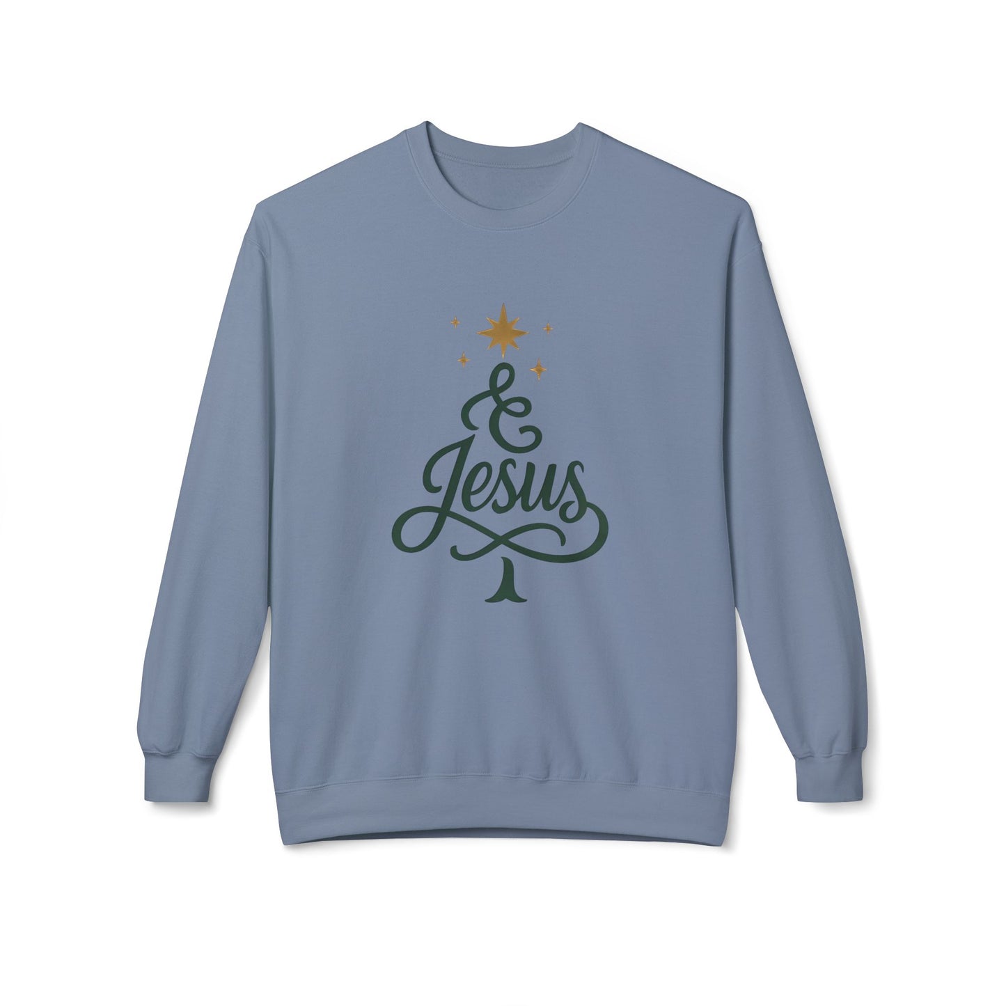 Christian Crewneck Sweatshirt — "& Jesus" Script Christmas Tree Design