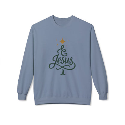Christian Crewneck Sweatshirt — "& Jesus" Script Christmas Tree Design