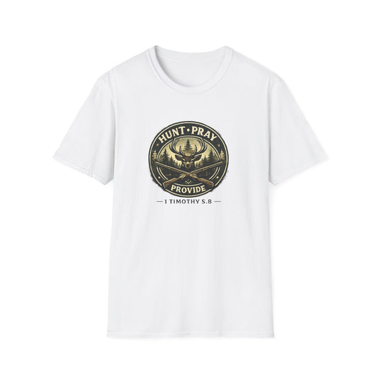 Hunt Pray Provide T‑Shirt — 1 Timothy 5:8 Hunting Faith Tee